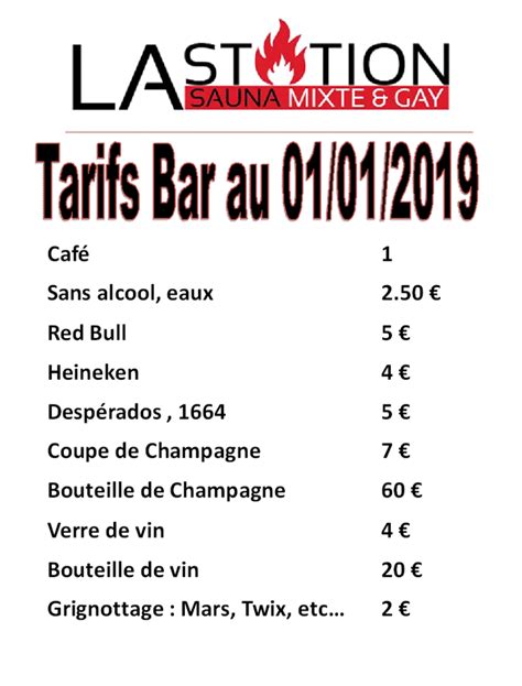 Tarifs des consommations du bar